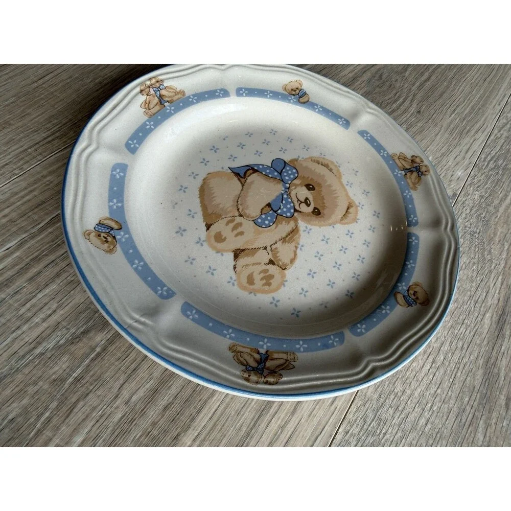Tienshan Teddy Bear Dessert Plate Blue Bow Stoneware VTG Replacement Cottagecore